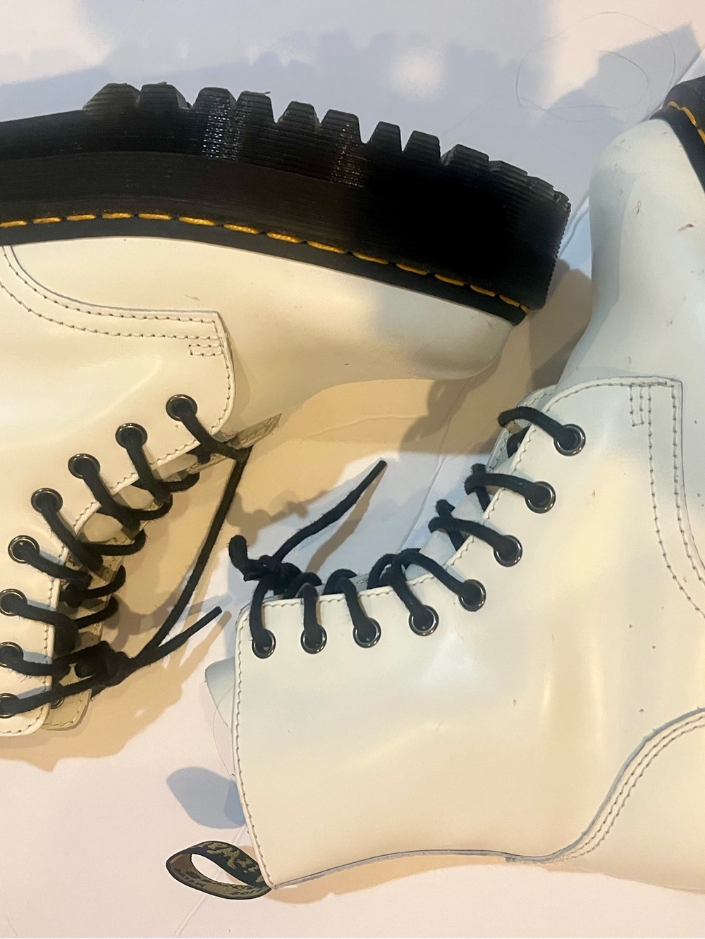 Dr. Martens White Leather Lace-Up Platform Combat Boots with Black Sole